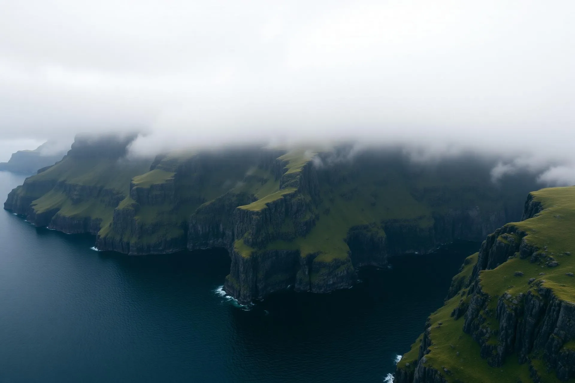 Cinematic aerial view of fog over Faroe Islands sea cliffs